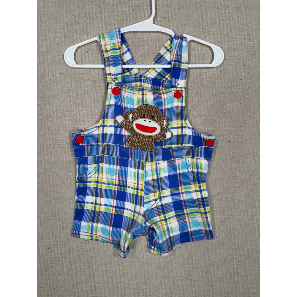 Baby Starters Blue Plaid Sock Monkey Applique Cotton Shortall Overalls 9 Months